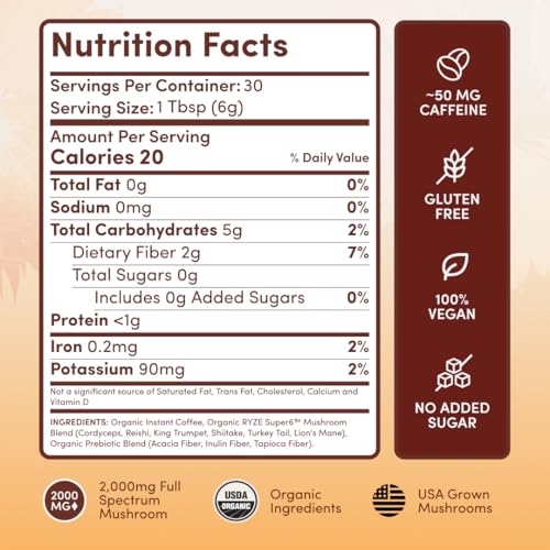 RYZE Mushroom Coffee Medium Roast | 30 Servings, 6 Adaptogenic Mushrooms, 48mg Caffeine