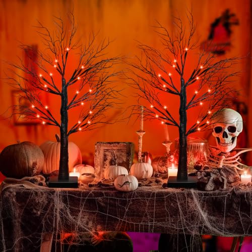 Set of 2 Lighted Halloween Tabletop Trees – 24" Black with Orange & Purple LEDs