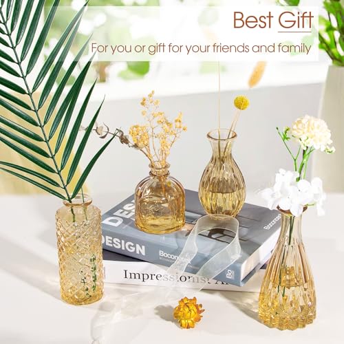 Amber Glass Bud Vases Set of 12 – Vintage Etched Mini Vases for Decor & Weddings