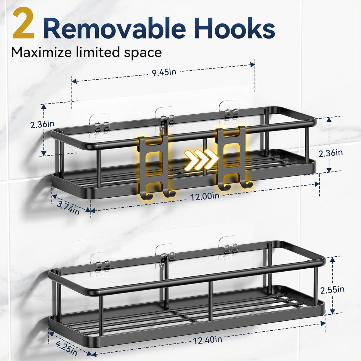 Shower Caddy Shelf Set | Adhesive Wall Mounted Bathroom Organizer, No Drilling