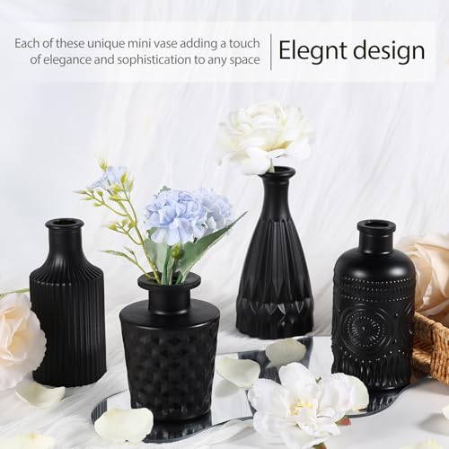 Black Glass Bud Vases Set of 12 – Vintage Etched Mini Vases for Decor & Weddings