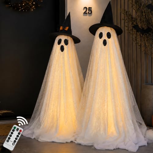 Two 59 inch outdoor Halloween ghost decorations with LED string lights
