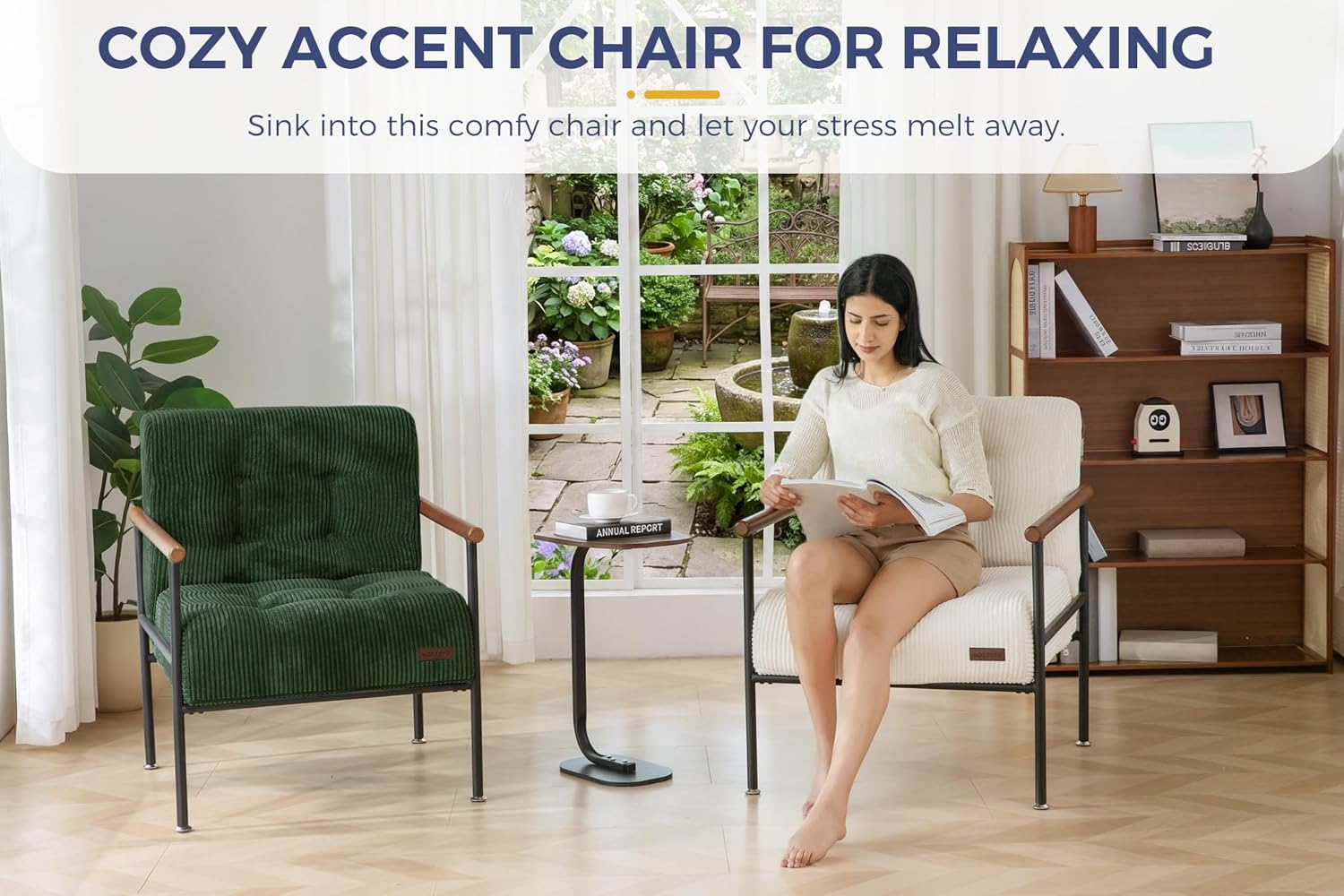 Tufted Accent Chair for Living Room | Modern Armchair with Wood Armrests