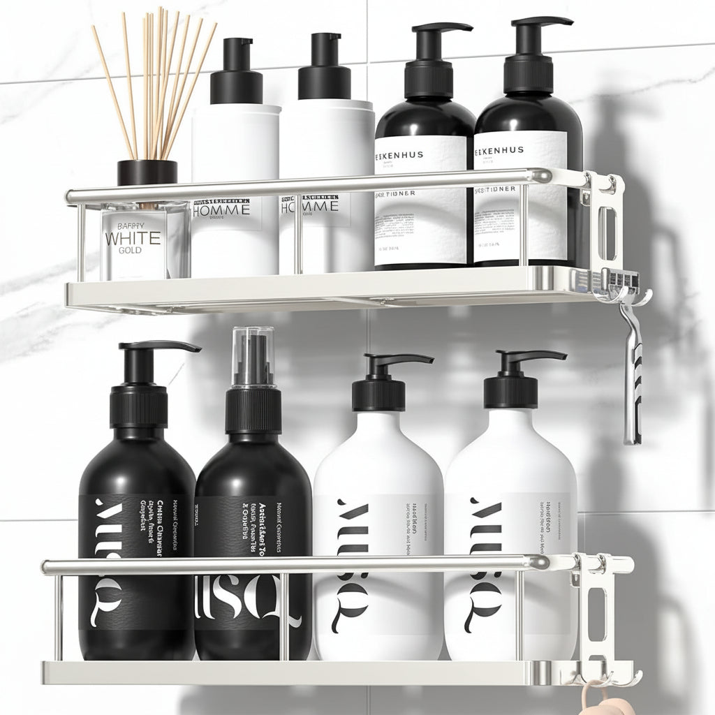 Shower Caddy Shelf Set | Adhesive Wall Mounted Bathroom Organizer, No Drilling