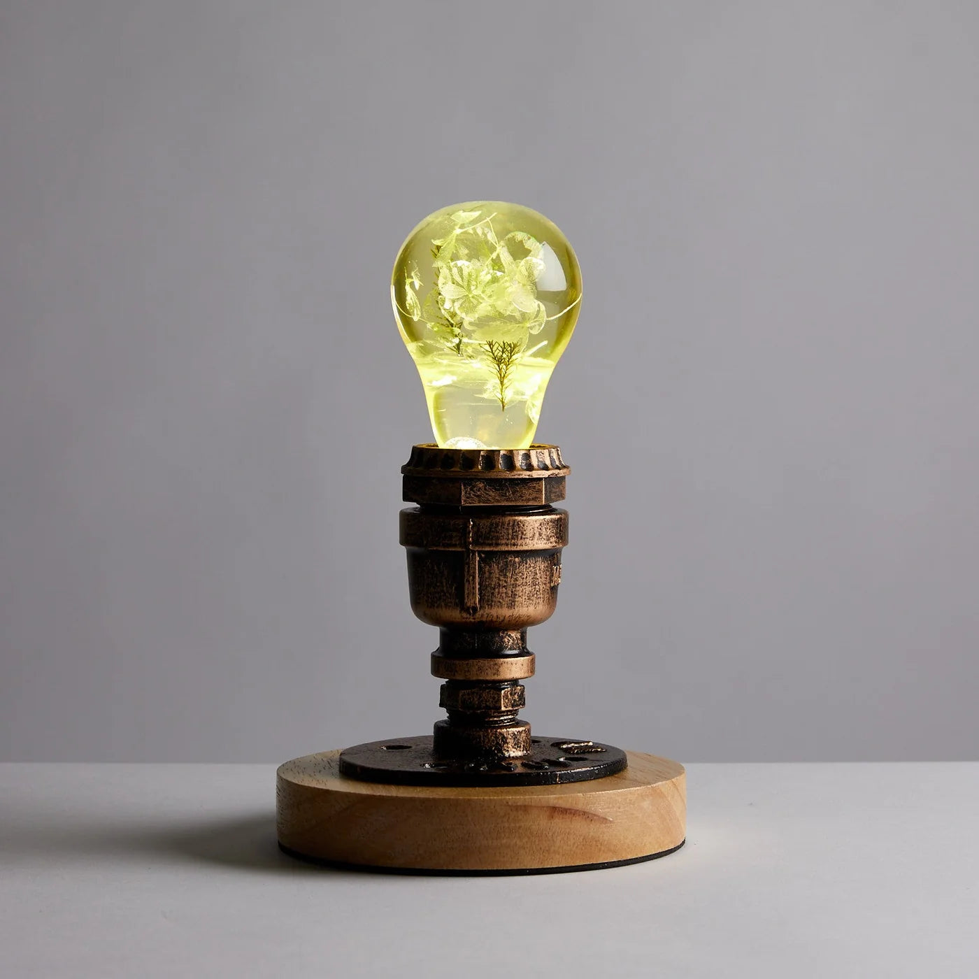 Yellow hydrangea resin table lamp with wooden base
