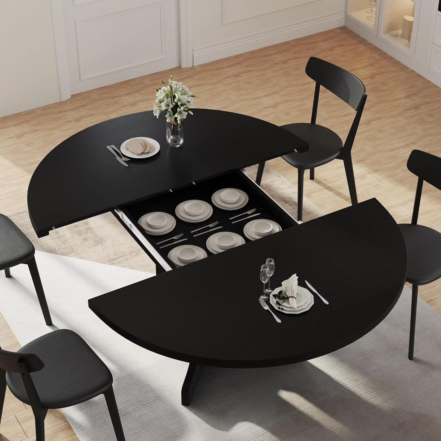 Extendable Black Dining Table – Seats 4 to 8, 43" Extends to 59"