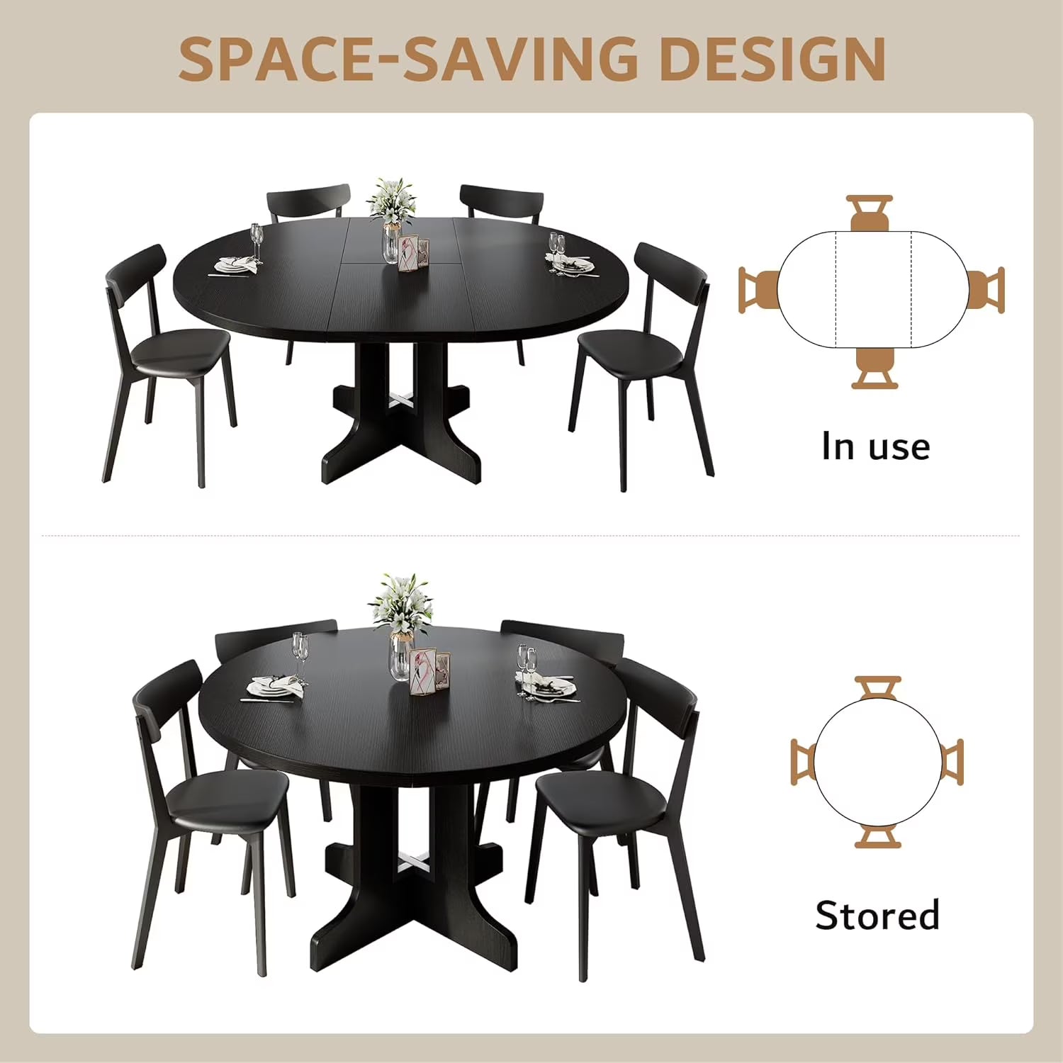 Extendable Black Dining Table – Seats 4 to 8, 43" Extends to 59"