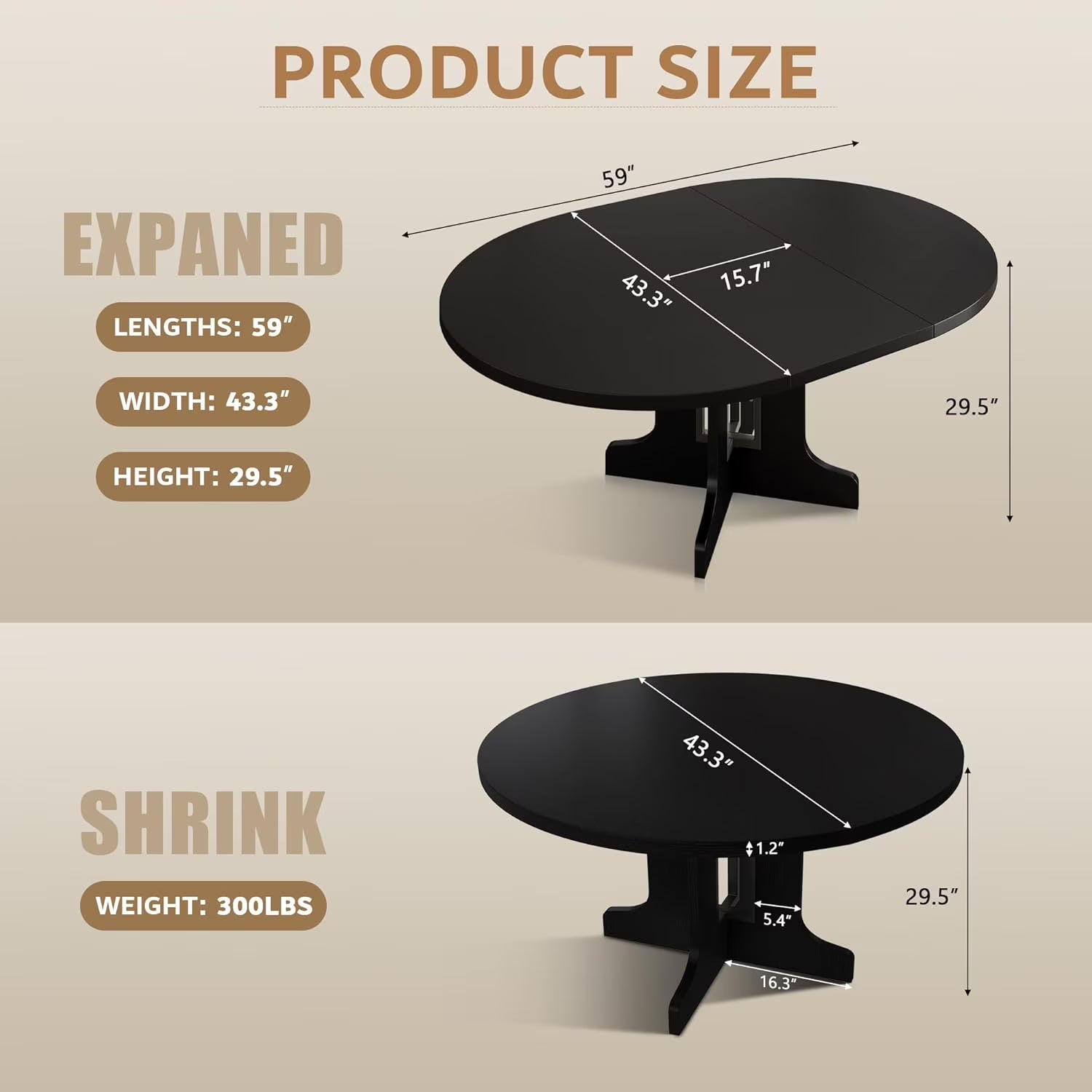 Extendable Black Dining Table – Seats 4 to 8, 43" Extends to 59"