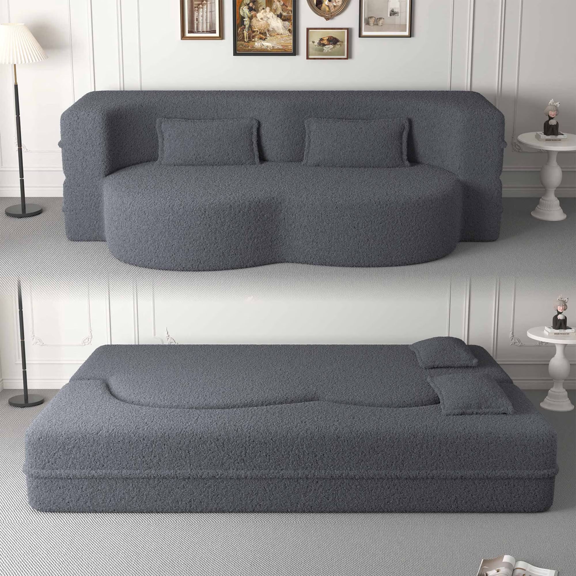 78 inch convertible sofa bed in gray teddy fabric, sofa mode