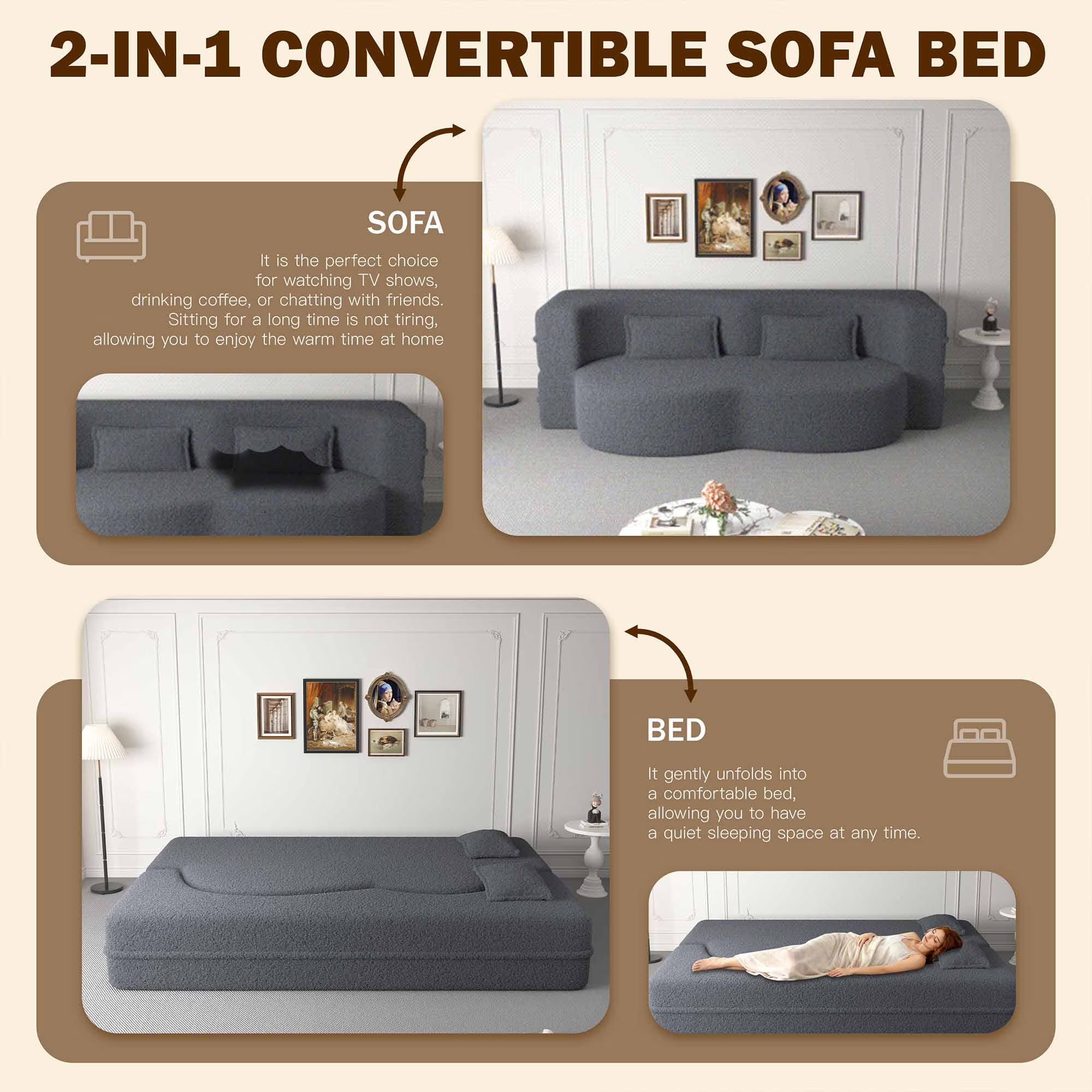 3-in-1 Convertible Sofa Bed – 78" Teddy Fabric Sleeper Sofa, No Assembly