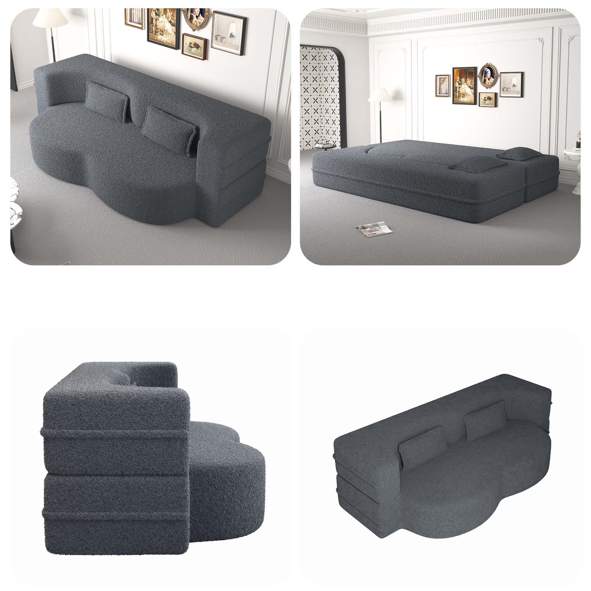 3-in-1 Convertible Sofa Bed – 78" Teddy Fabric Sleeper Sofa, No Assembly