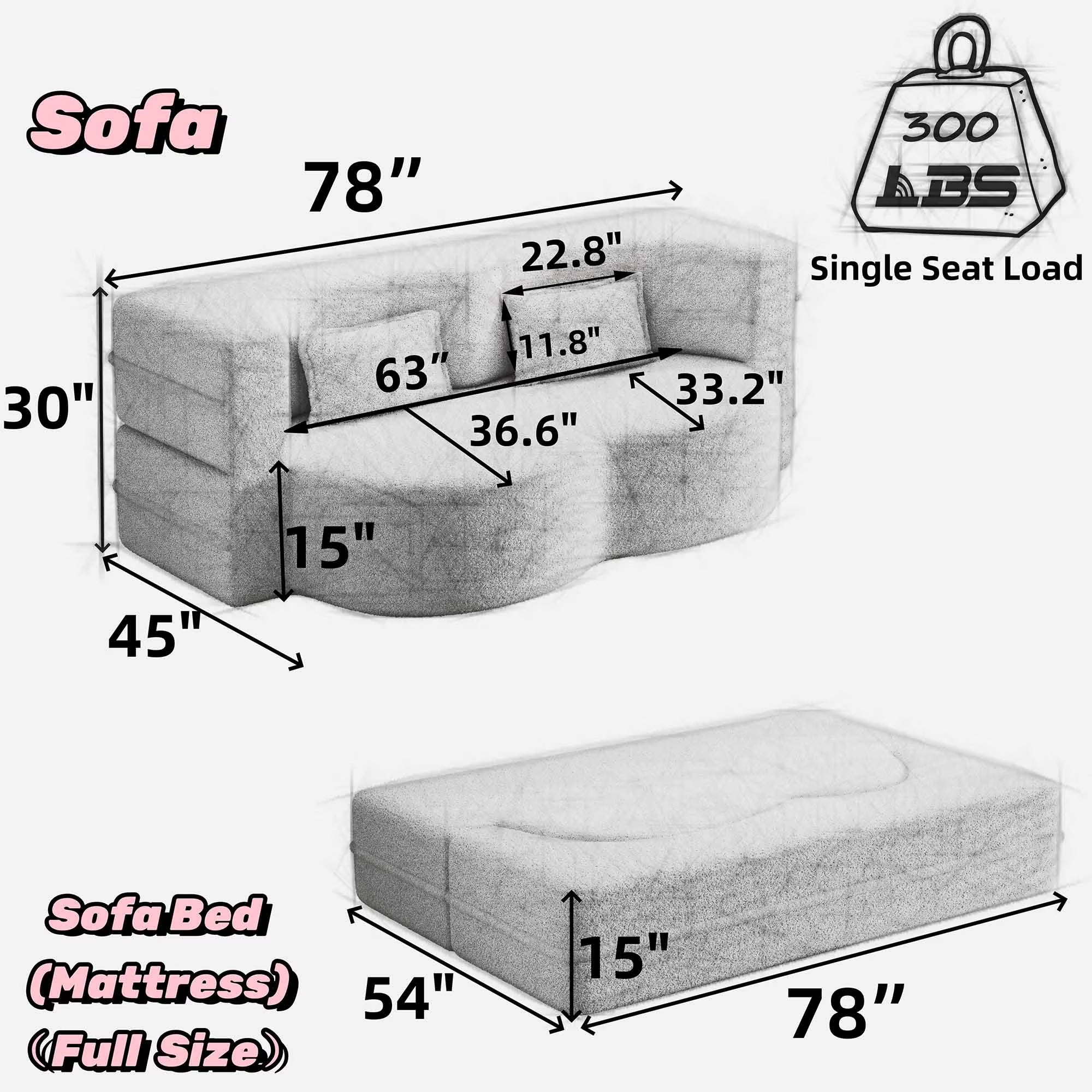 3-in-1 Convertible Sofa Bed – 78" Teddy Fabric Sleeper Sofa, No Assembly