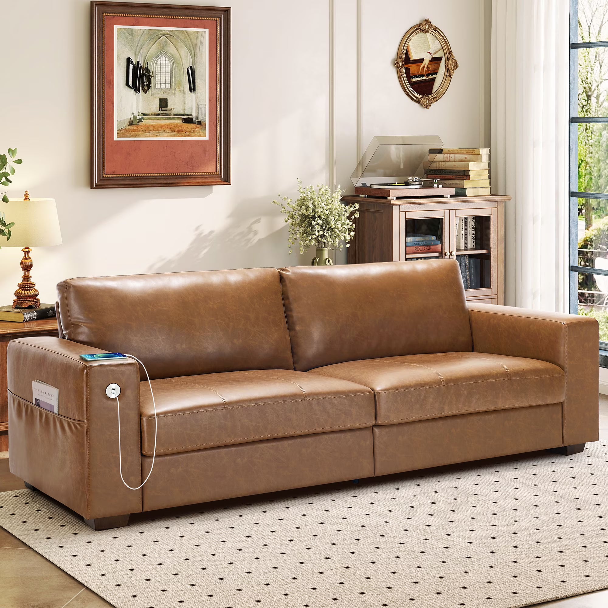 Bedluxury 70 inch chenille sofa with built-in USB charging ports in beige