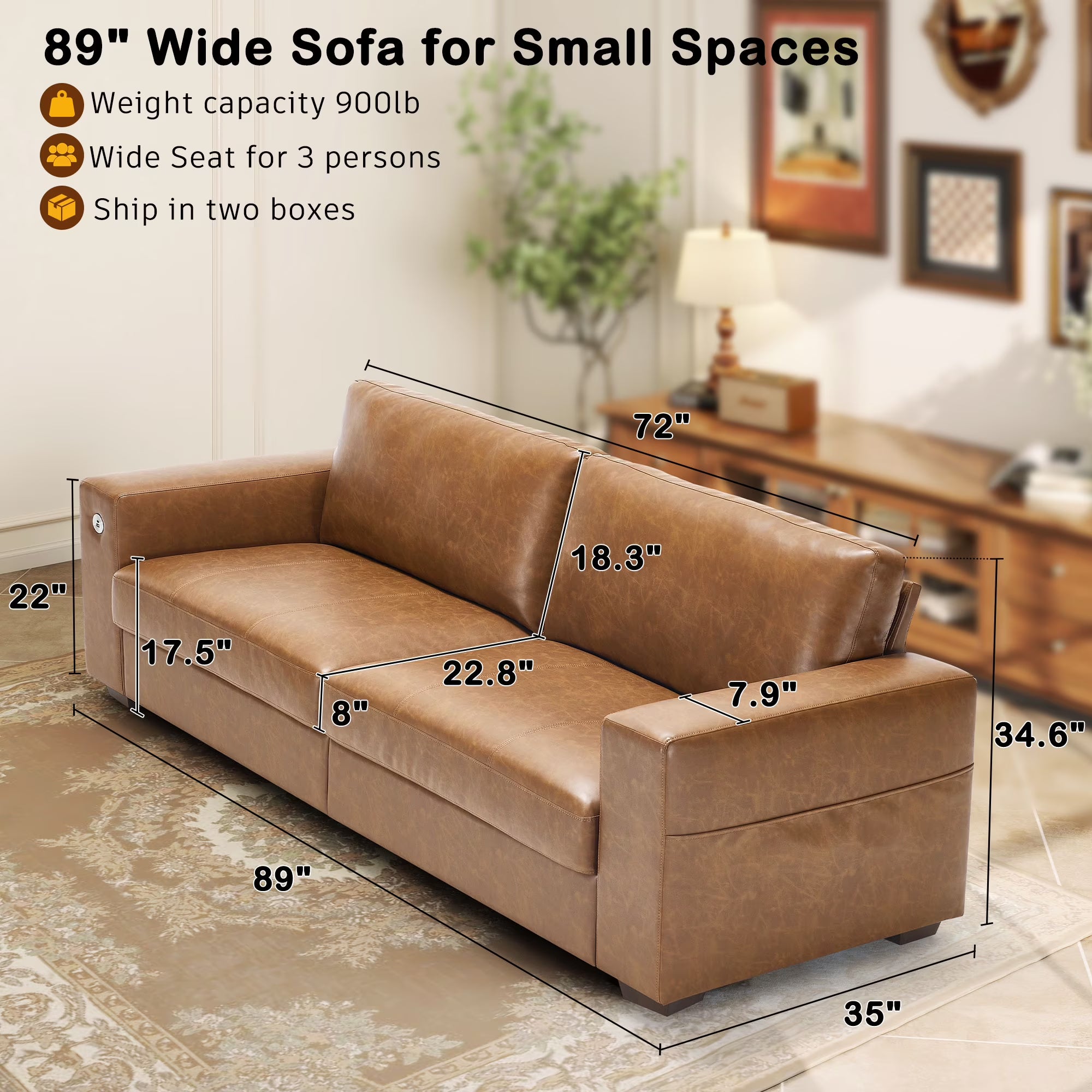 Bedluxury Chenille Sofa with USB Charging Ports – 70" 2-Seater / 89" 3-Seater