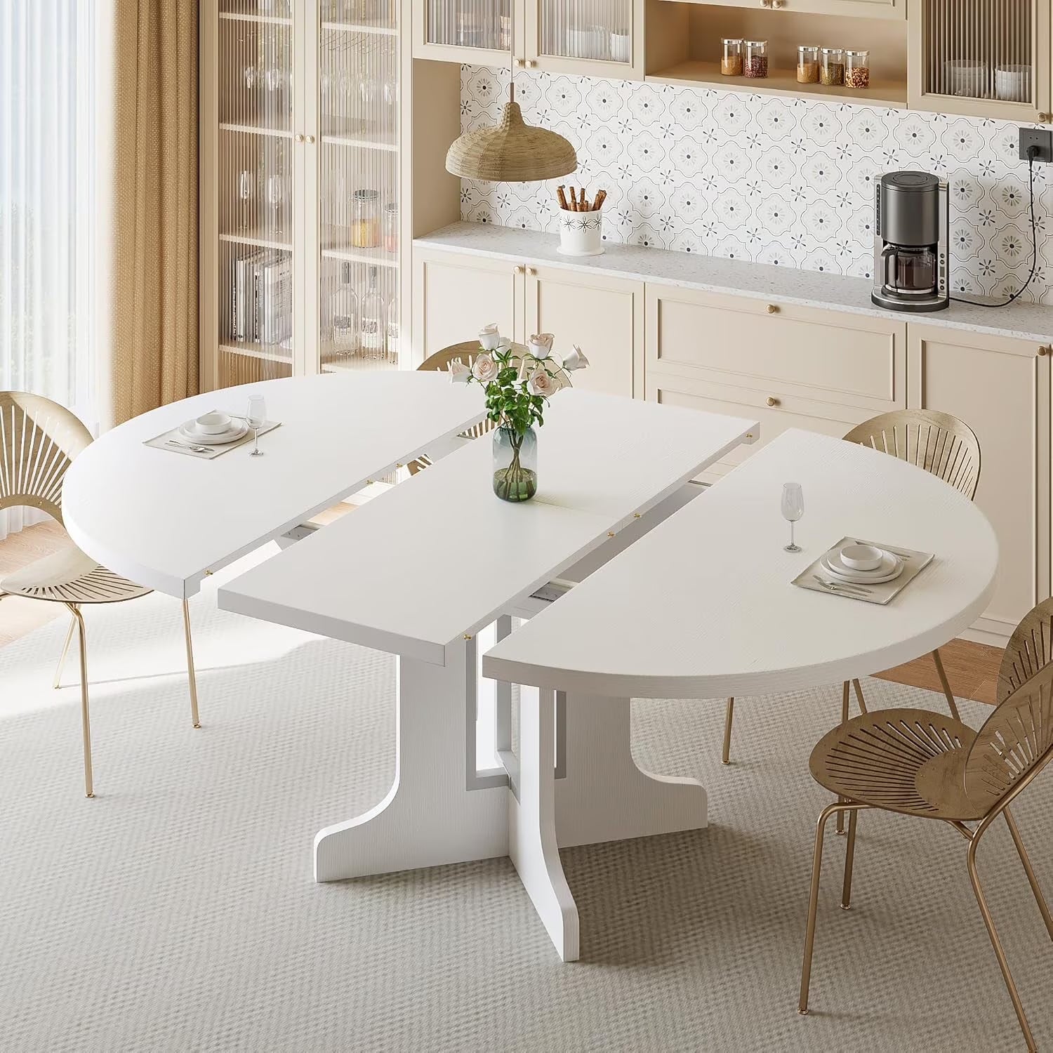 Extendable black dining table in contracted 43 inch round position