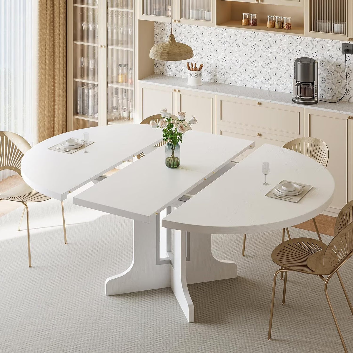 Extendable black dining table in contracted 43 inch round position