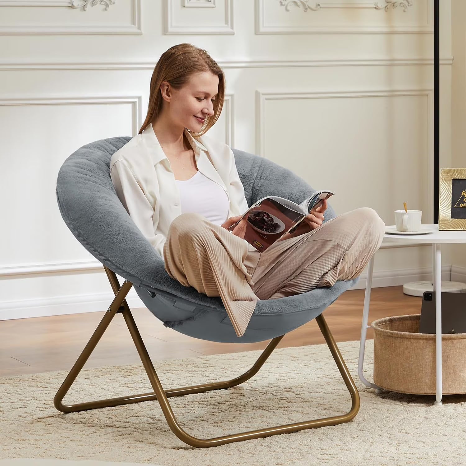 Fluffy Faux Fur Chair | Oversized Round Cozy Reading Chair for Bedroom