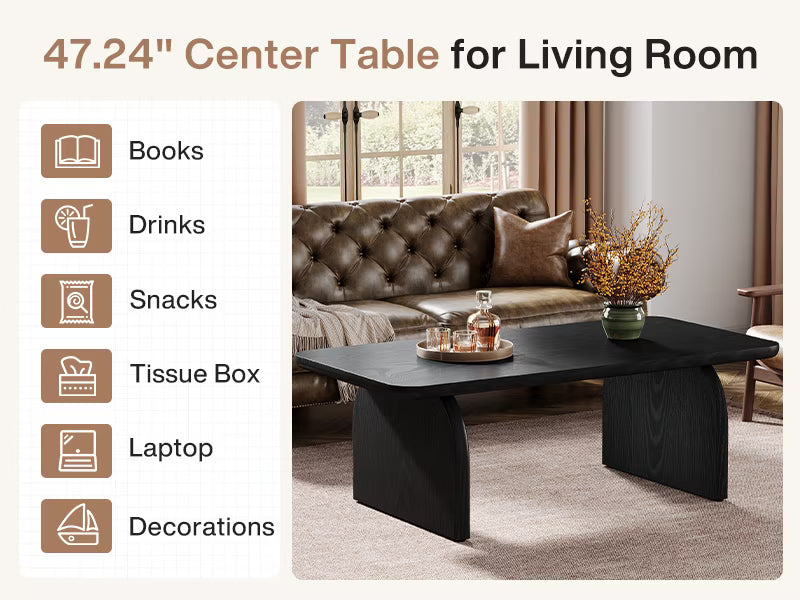 47 Inch Solid Wood Rustic Coffee Table – Rounded Corners, Waterproof Top
