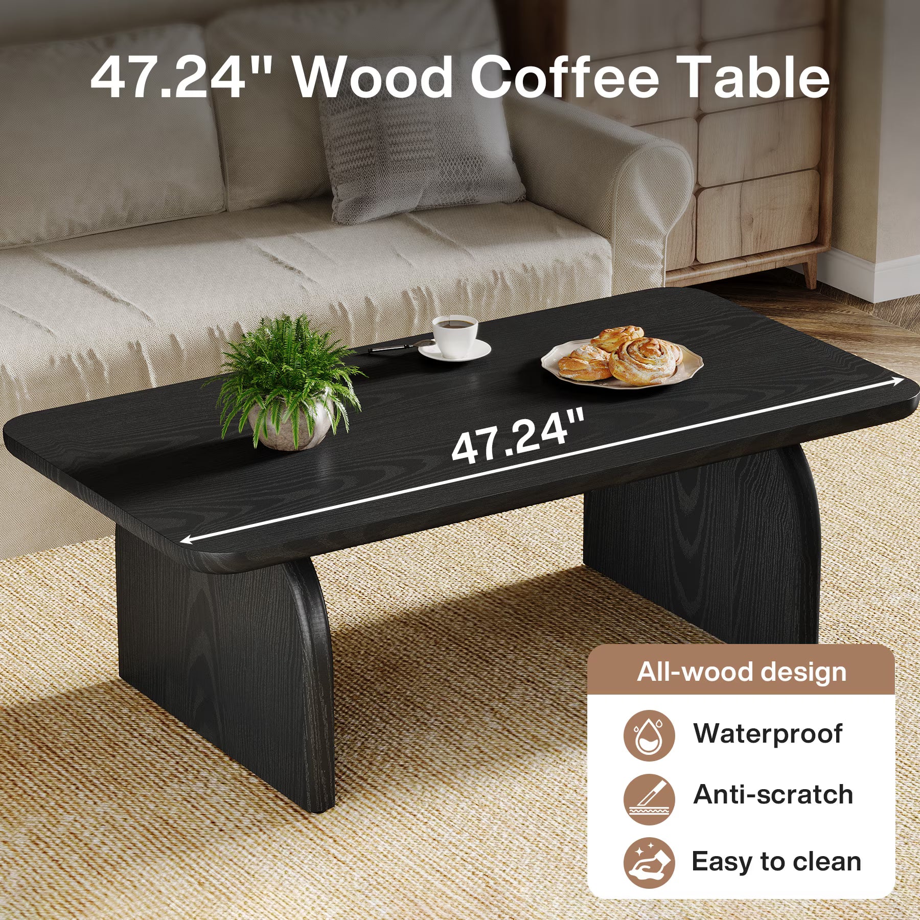 47 Inch Solid Wood Rustic Coffee Table – Rounded Corners, Waterproof Top