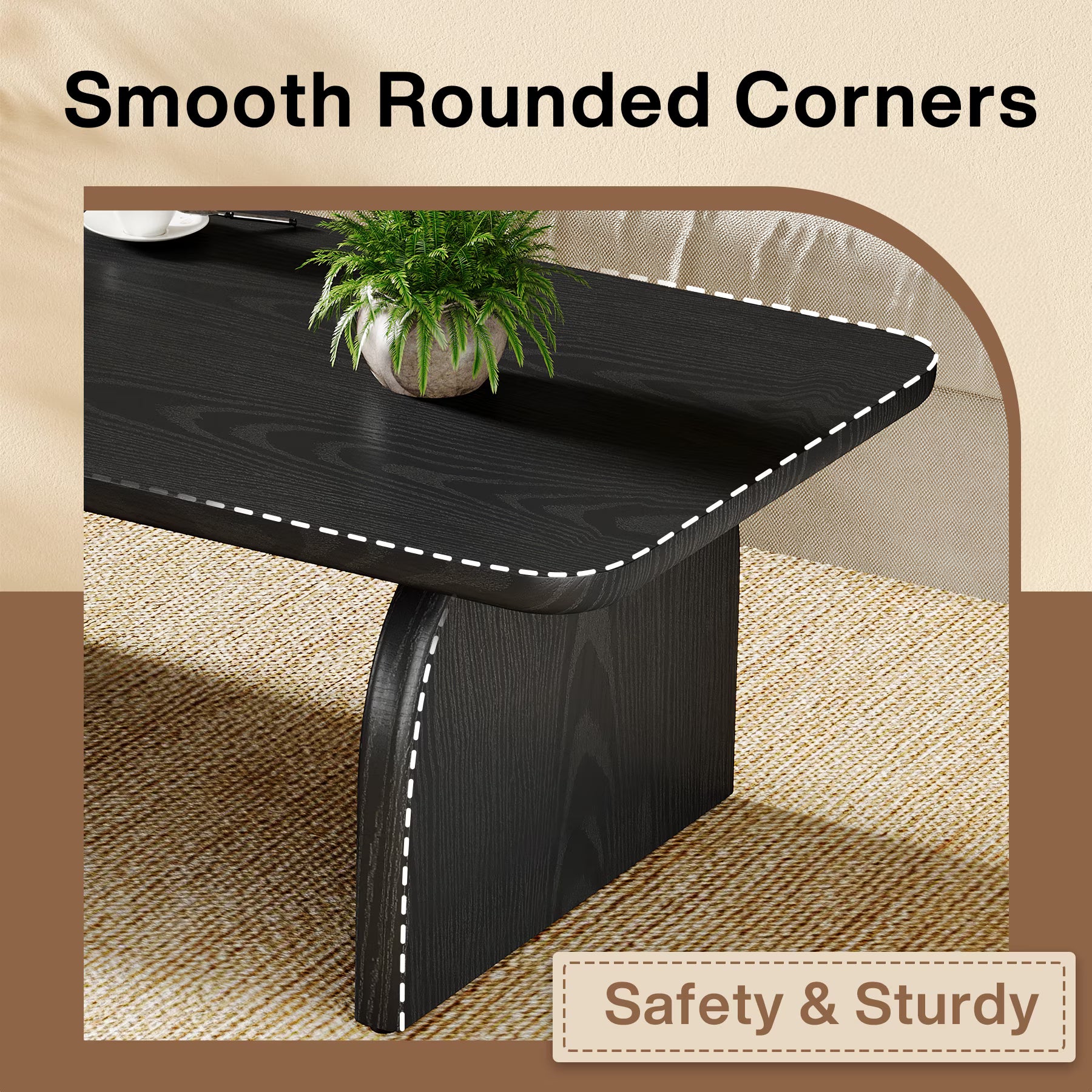 47 Inch Solid Wood Rustic Coffee Table – Rounded Corners, Waterproof Top