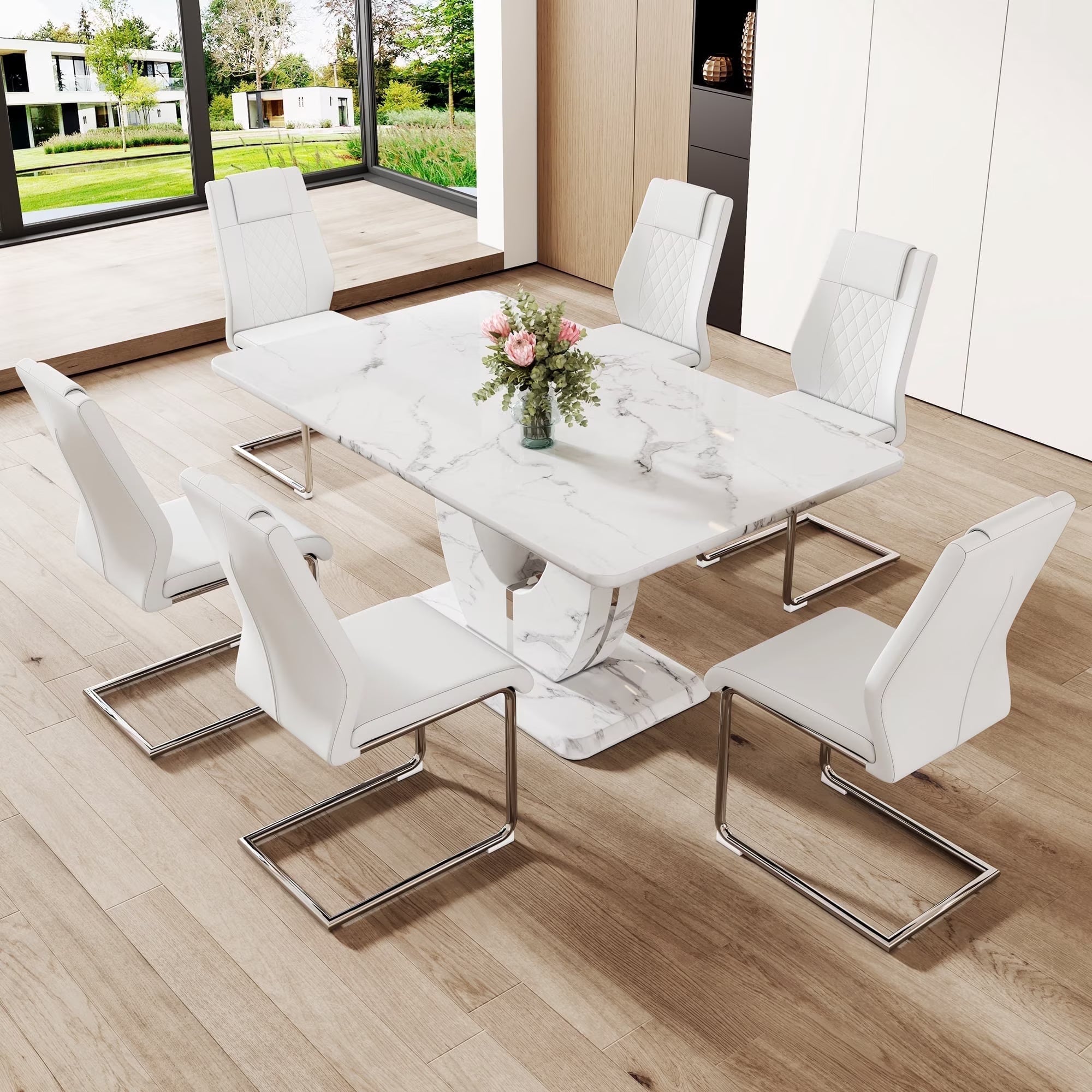 63 inch white faux marble dining table set with six PU leather chairs