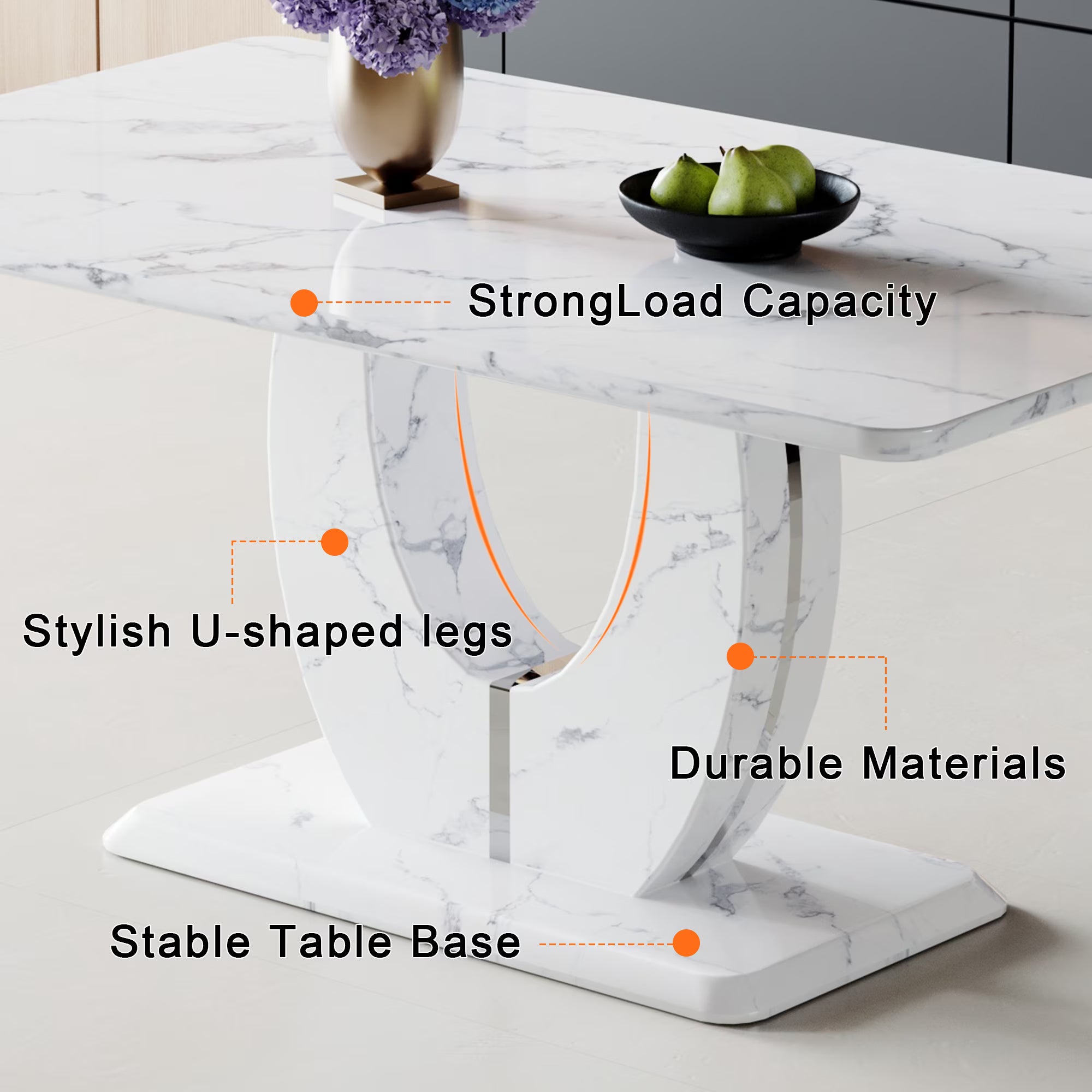 63 Inch White Faux Marble Dining Set – Table with 6 PU Leather Chairs
