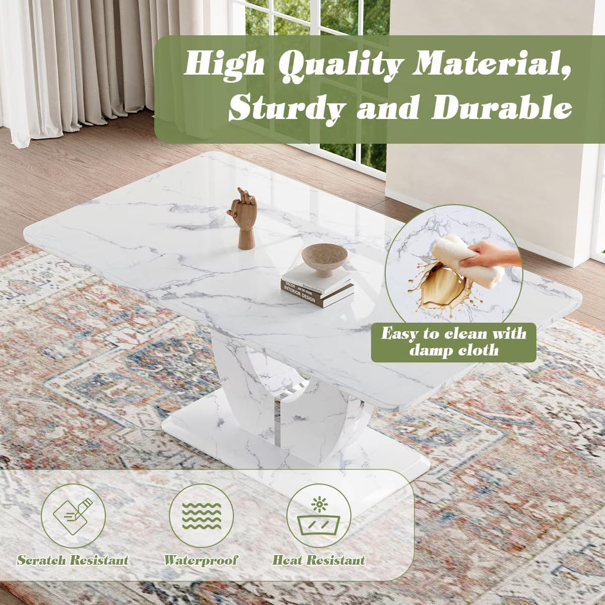 63 Inch White Faux Marble Dining Set – Table with 6 PU Leather Chairs