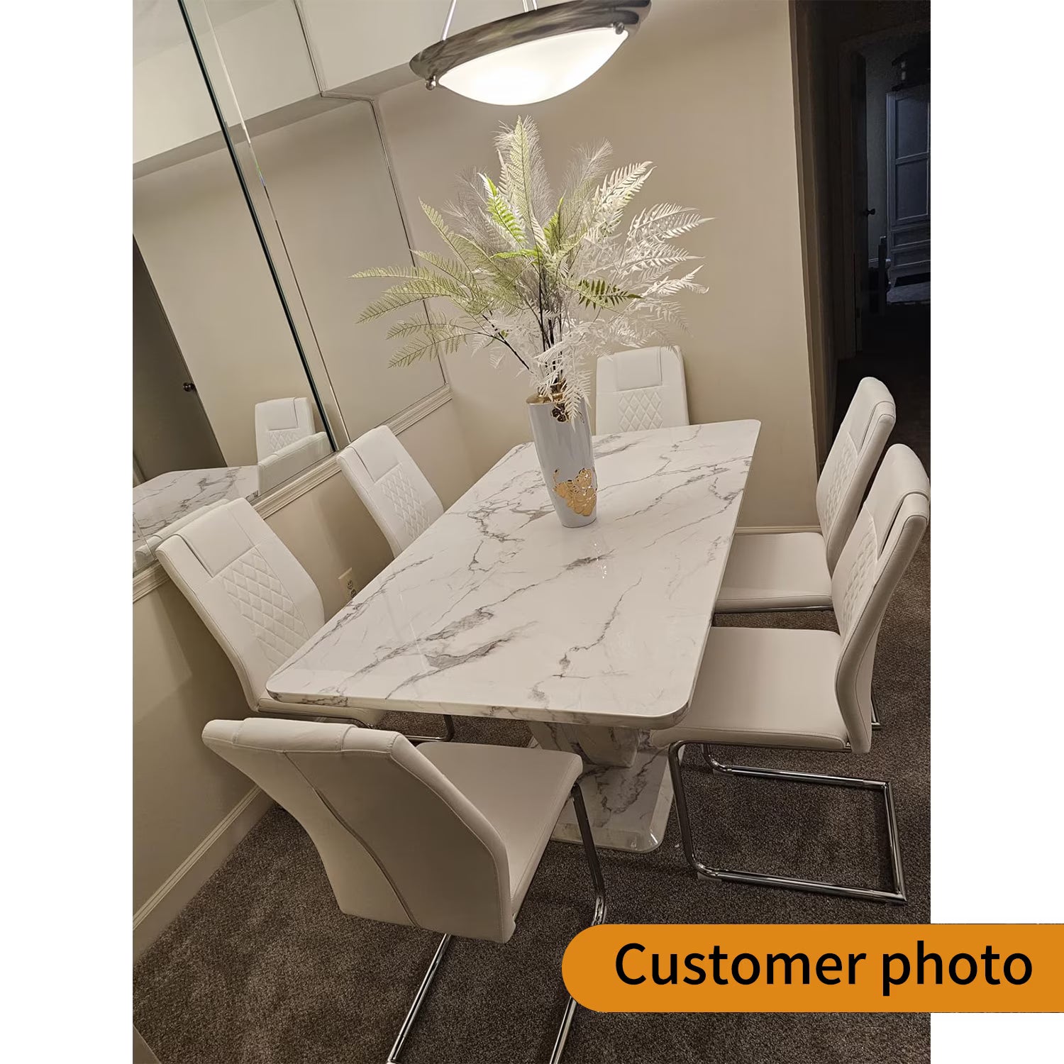 63 Inch White Faux Marble Dining Set – Table with 6 PU Leather Chairs