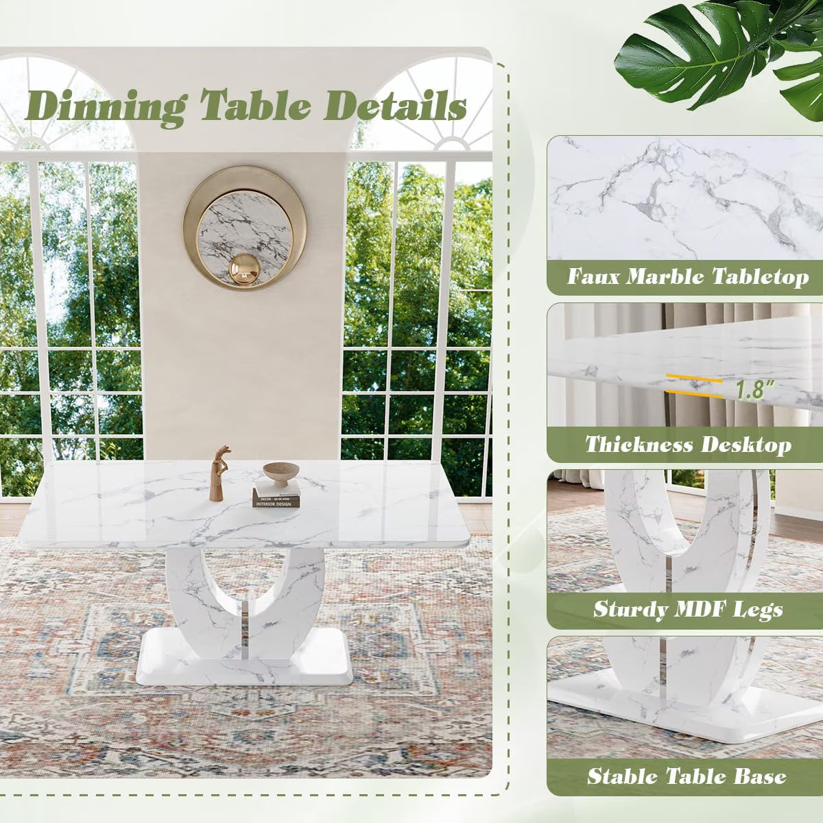 63 Inch White Faux Marble Dining Set – Table with 6 PU Leather Chairs