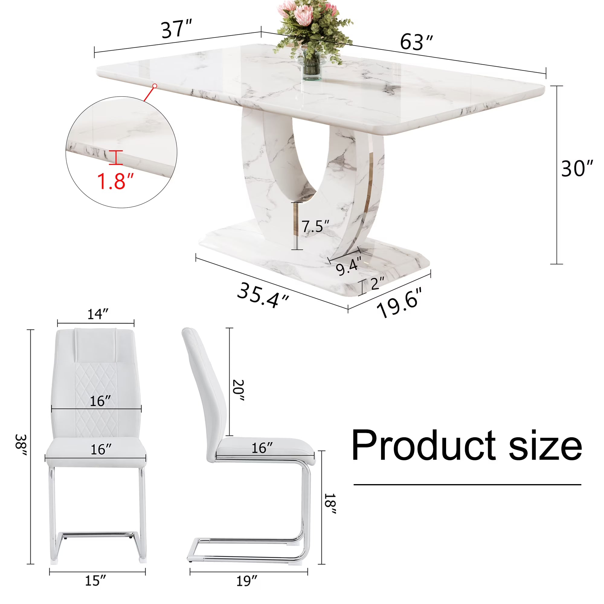 63 Inch White Faux Marble Dining Set – Table with 6 PU Leather Chairs