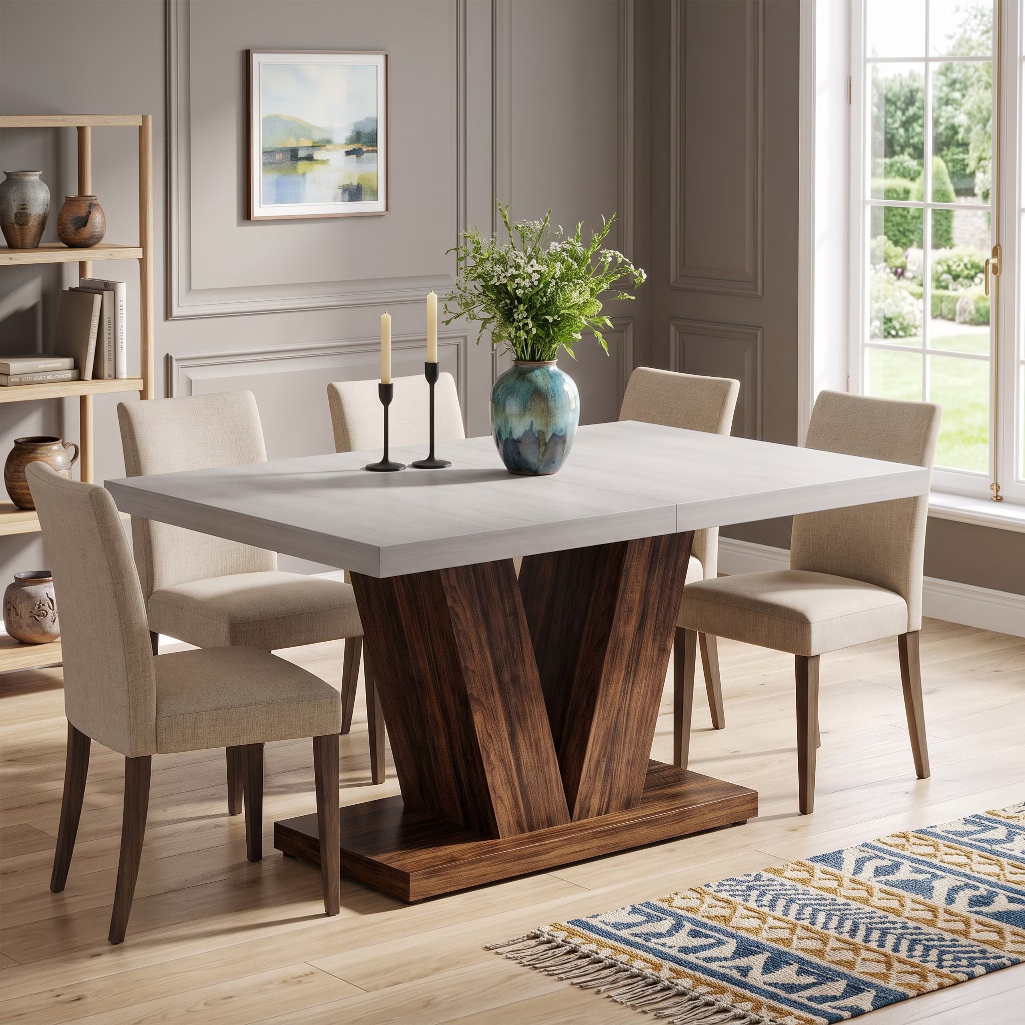 47 Inch Rustic Farmhouse Dining Table – Seats 4, V-Base