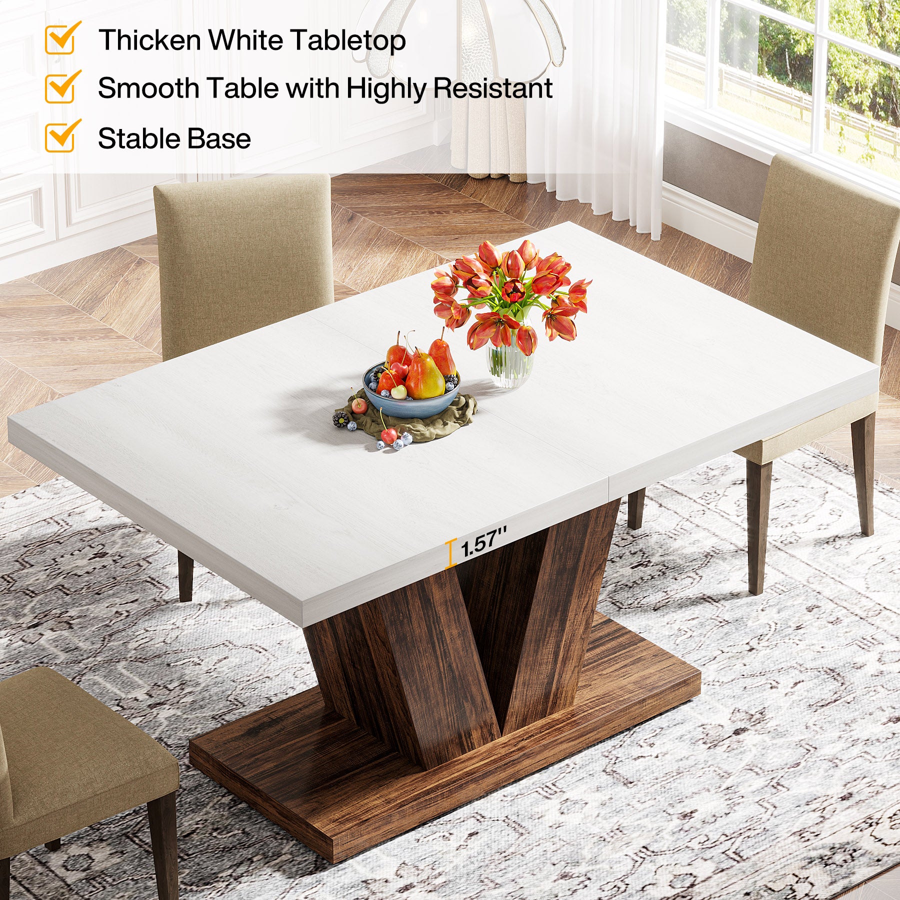 47 Inch Rustic Farmhouse Dining Table – Seats 4, V-Base