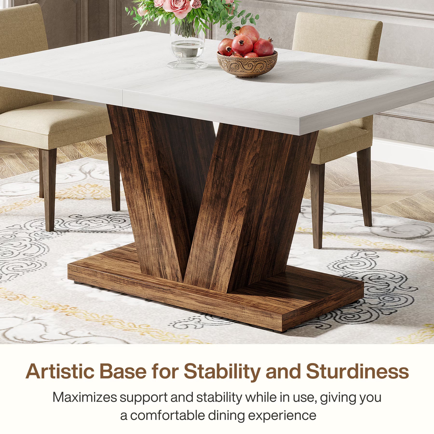 47 Inch Rustic Farmhouse Dining Table – Seats 4, V-Base