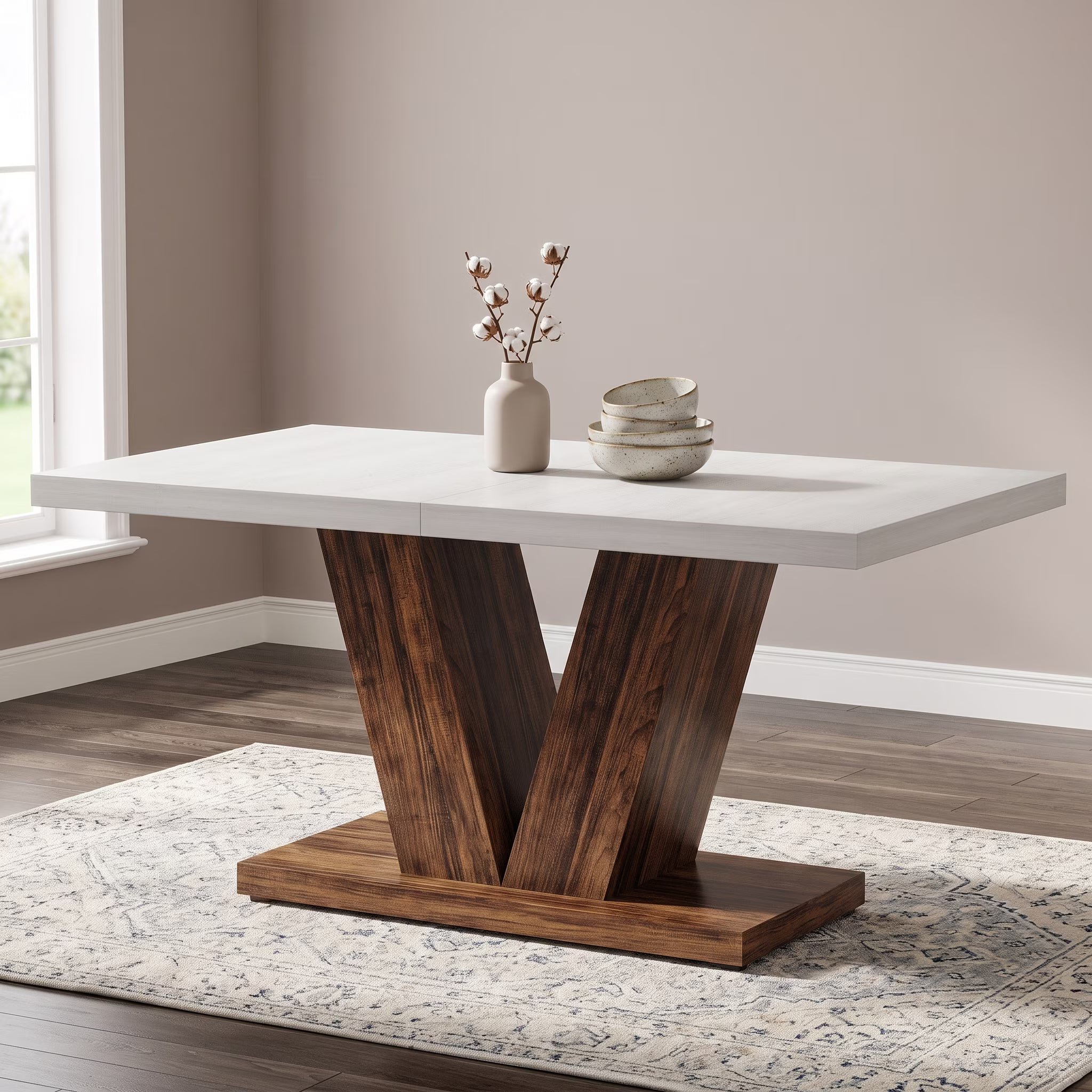47 Inch Rustic Farmhouse Dining Table – Seats 4, V-Base