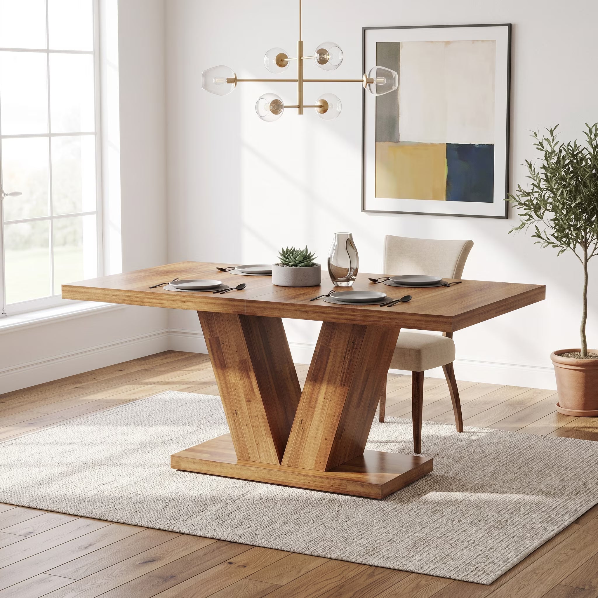 47 Inch Rustic Farmhouse Dining Table – Seats 4, V-Base