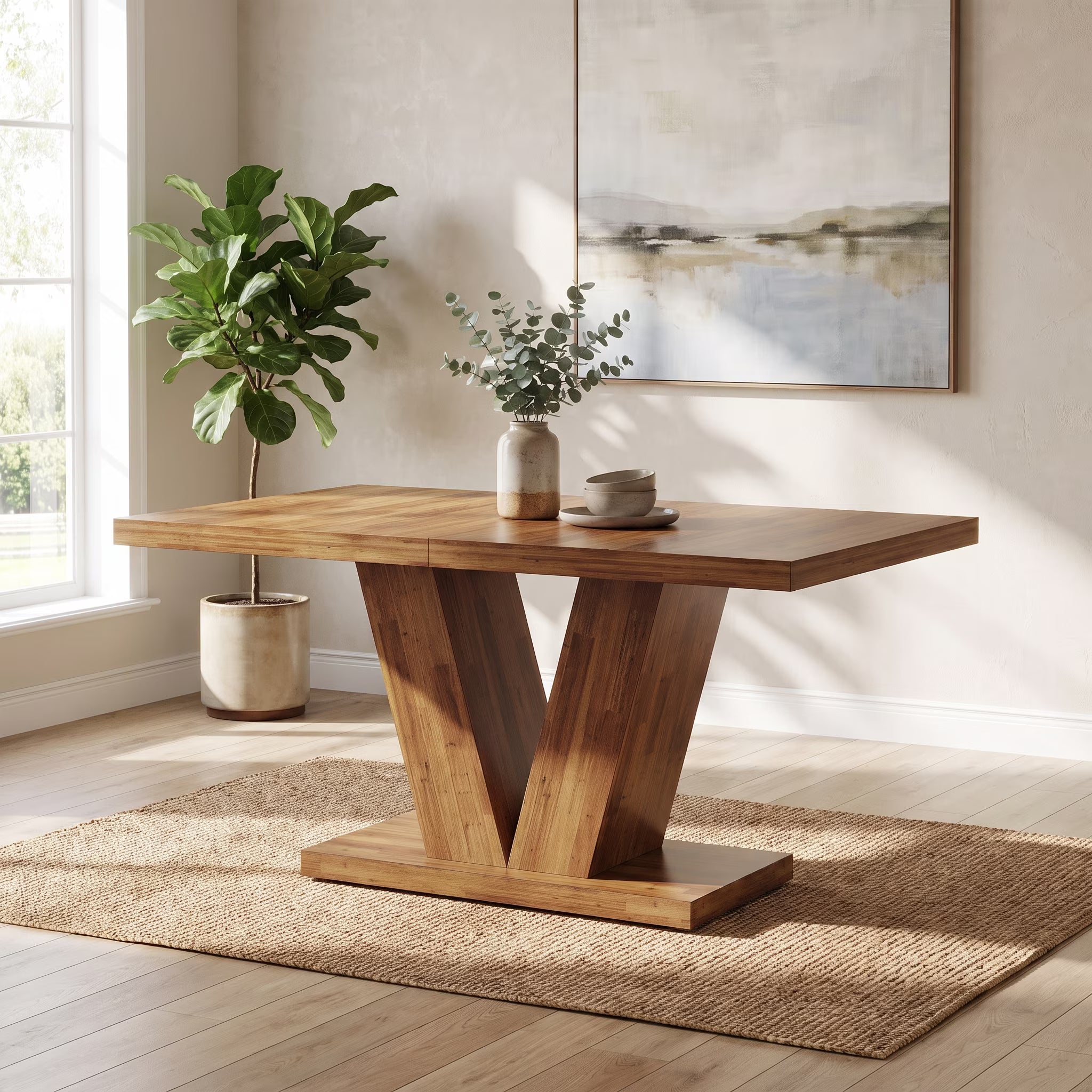 47 inch rustic farmhouse dining table with V-shaped pedestal base