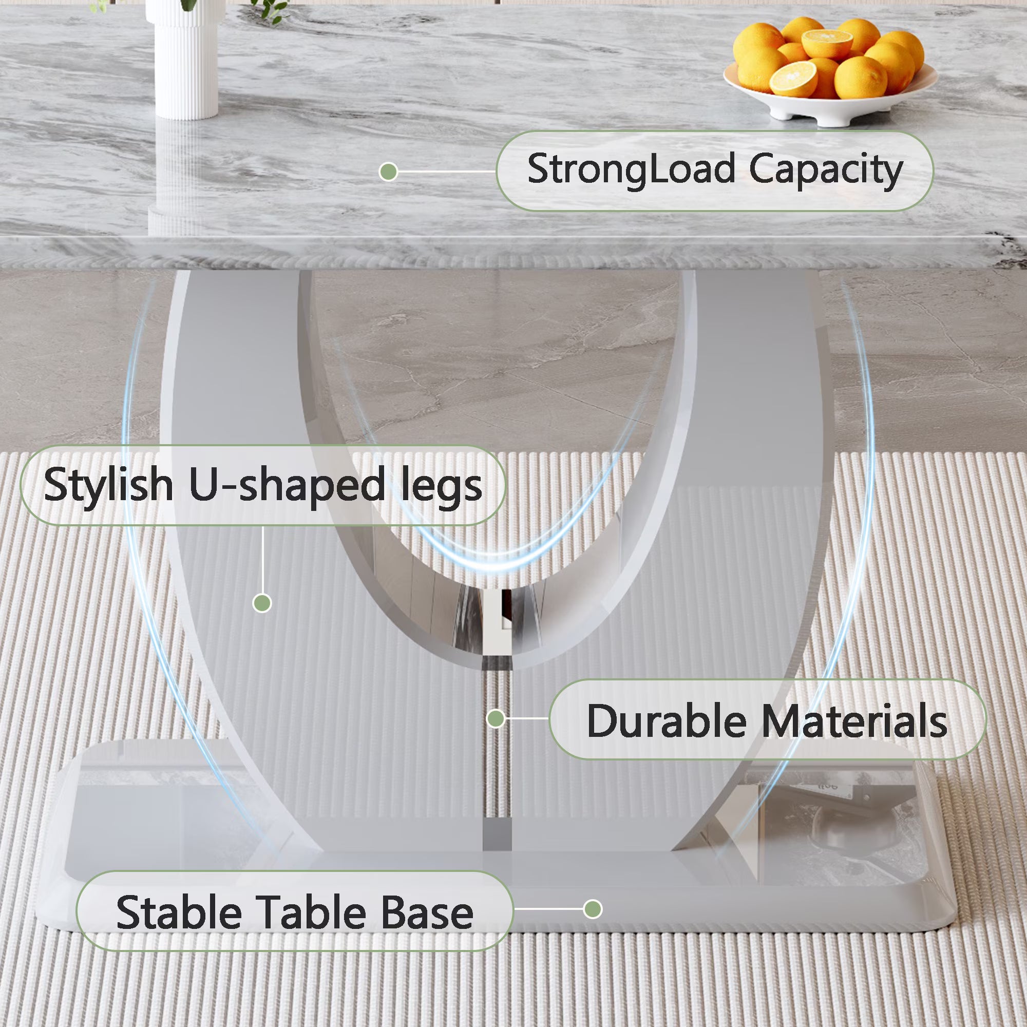 63 Inch White Faux Marble Dining Set – Table with 6 PU Leather Chairs