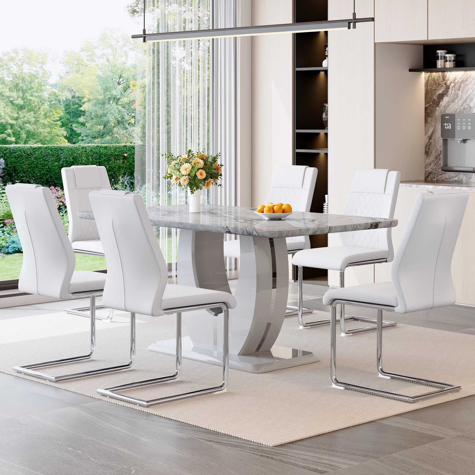 63 Inch White Faux Marble Dining Set – Table with 6 PU Leather Chairs
