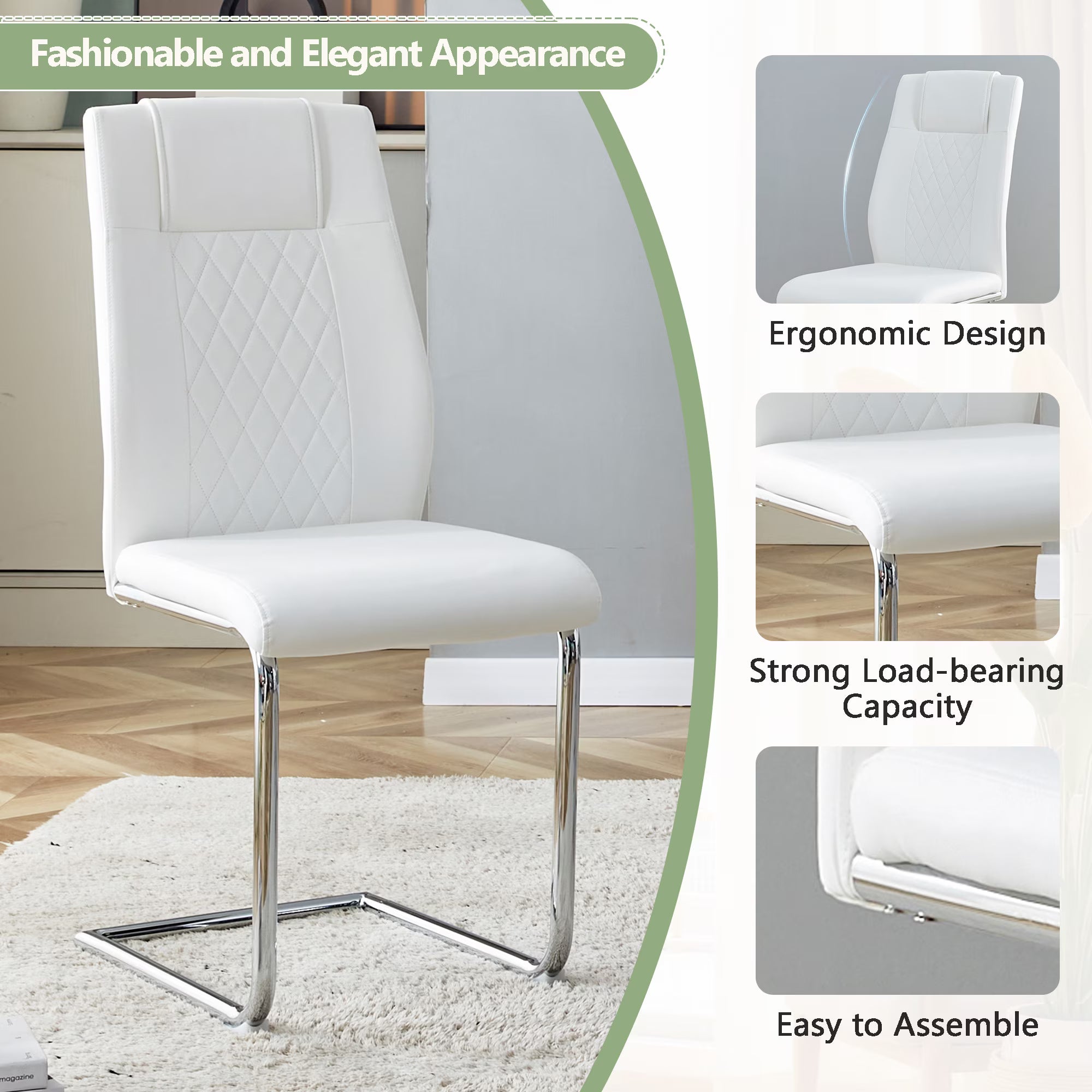 63 Inch White Faux Marble Dining Set – Table with 6 PU Leather Chairs