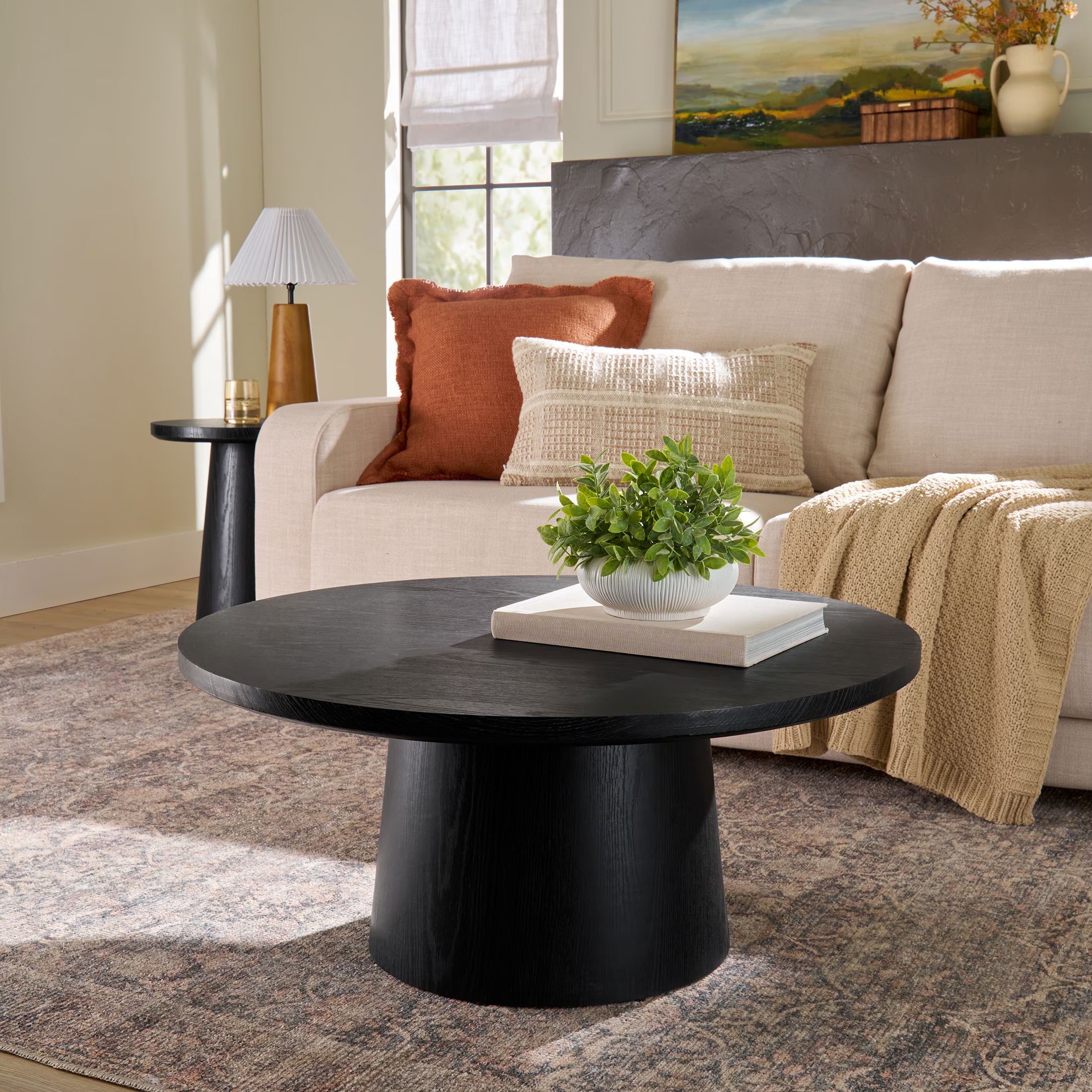 36 inch square pedestal coffee table in black finish