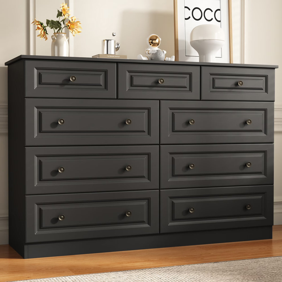 50 inch 9 drawer dresser with matte black metal handles