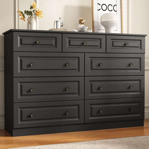 50 inch 9 drawer dresser with matte black metal handles