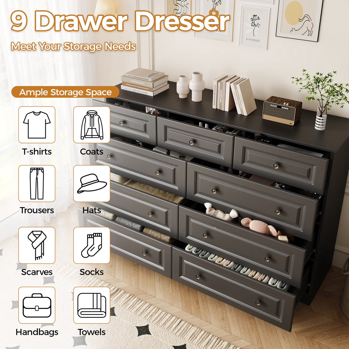 50" 9 Drawer Dresser – Retro Modern Chest with Black Metal Handles
