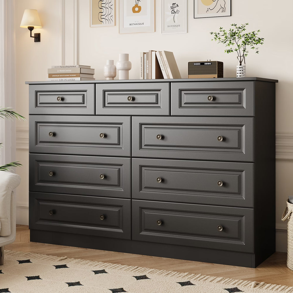 50" 9 Drawer Dresser – Retro Modern Chest with Black Metal Handles