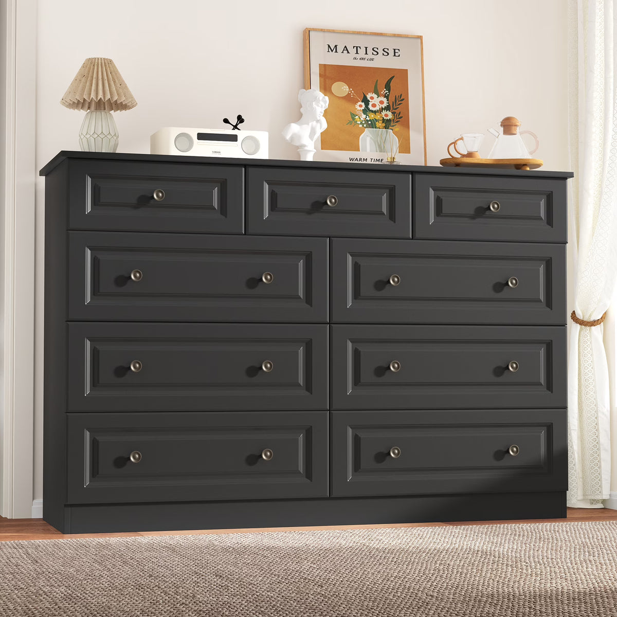 50" 9 Drawer Dresser – Retro Modern Chest with Black Metal Handles