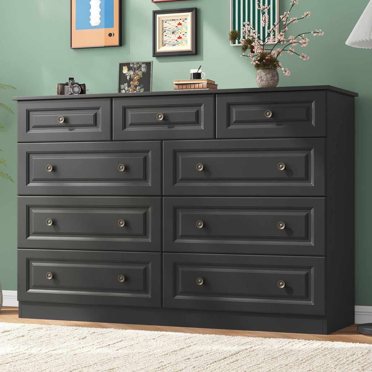 50" 9 Drawer Dresser – Retro Modern Chest with Black Metal Handles