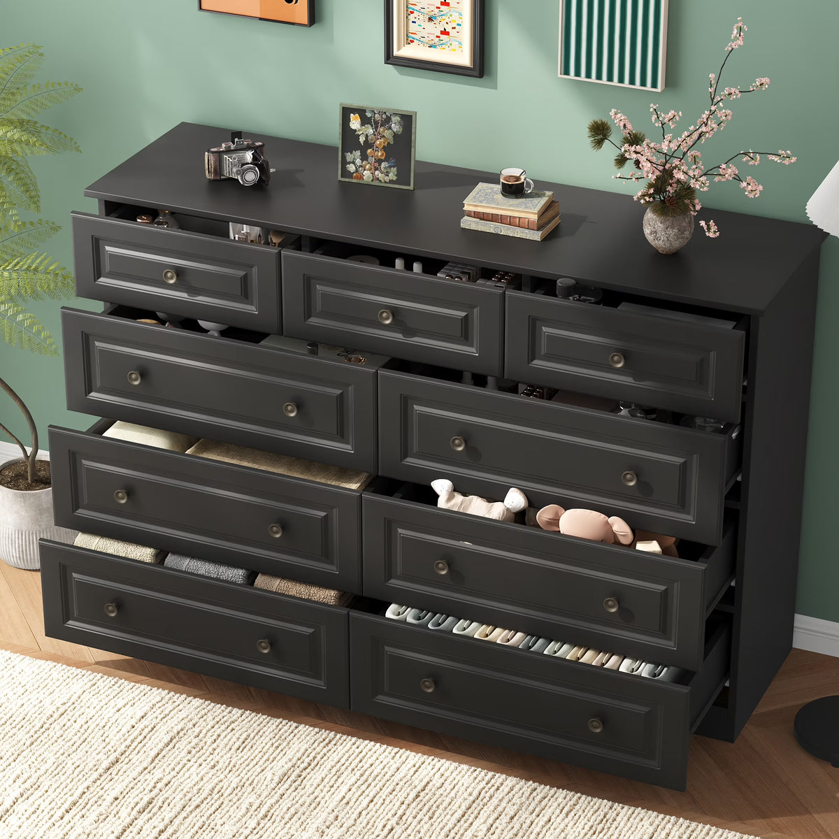 50" 9 Drawer Dresser – Retro Modern Chest with Black Metal Handles