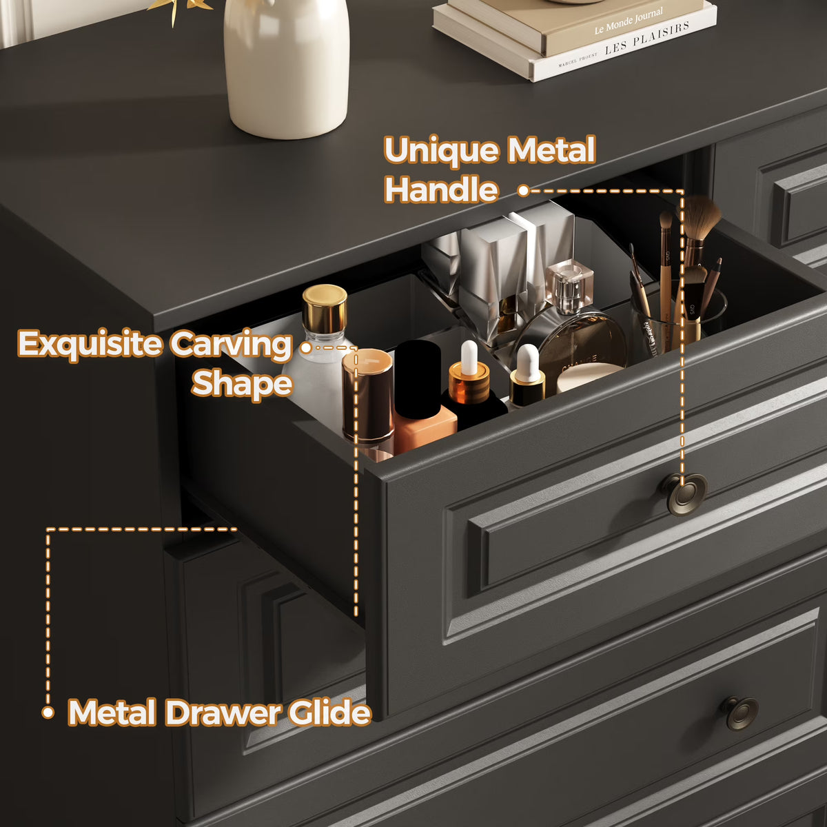 50" 9 Drawer Dresser – Retro Modern Chest with Black Metal Handles