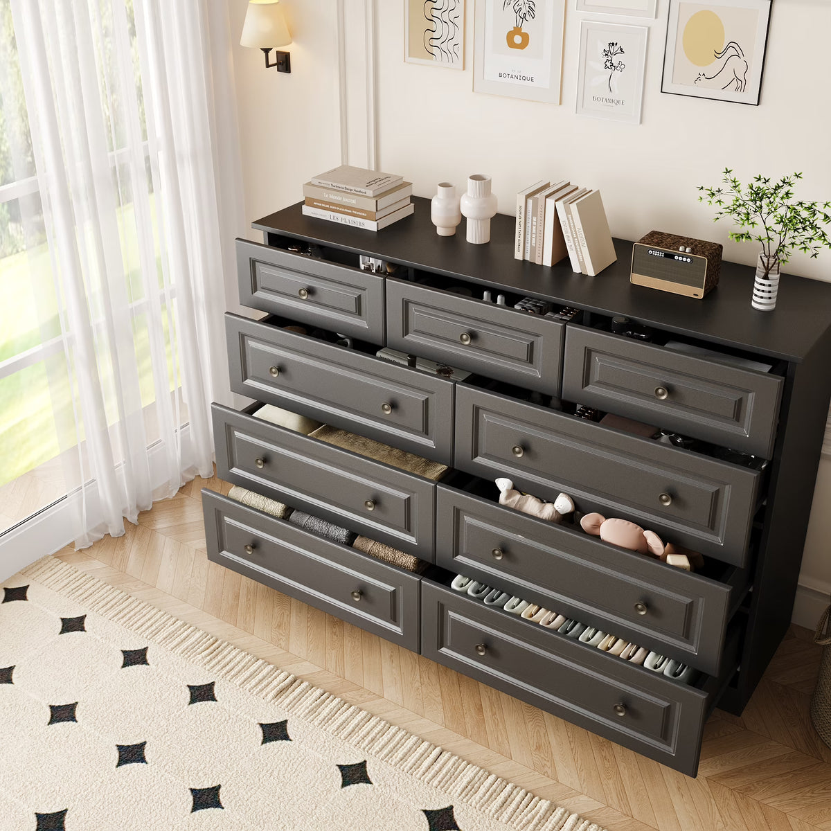 50" 9 Drawer Dresser – Retro Modern Chest with Black Metal Handles