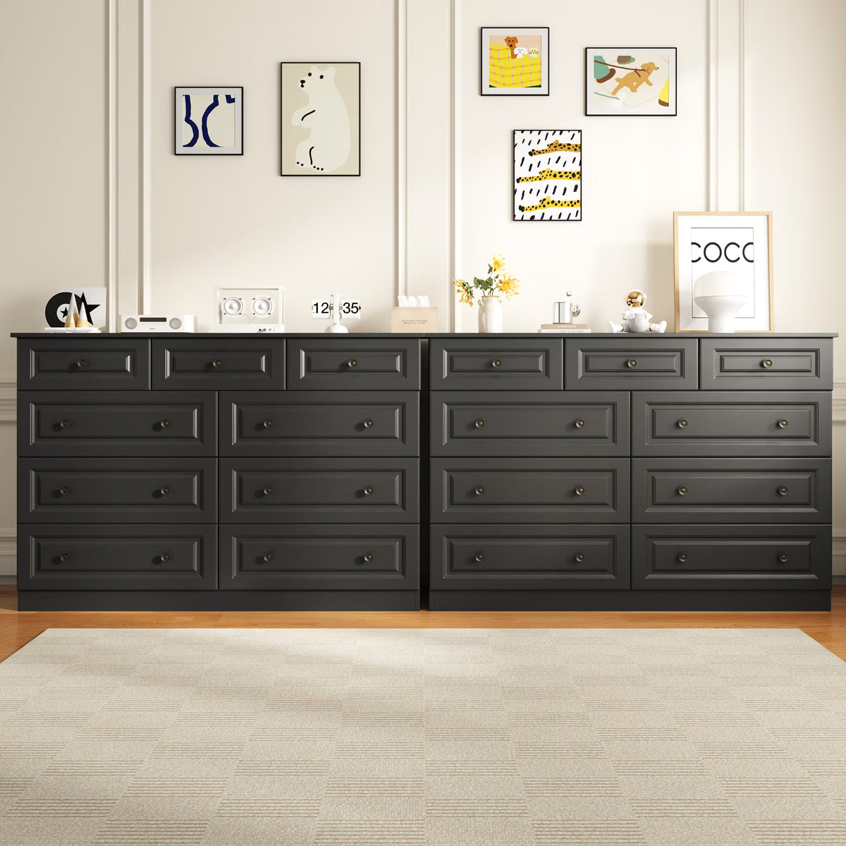 50" 9 Drawer Dresser – Retro Modern Chest with Black Metal Handles